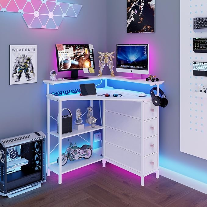 Corner Desk with Drawers Shelves for Small Space 90 Degrees Triangle Computer Desk with Power OutletsGaming Desk with LED Lights Monitor Stand for Home Office Workstation Writing Table (White)