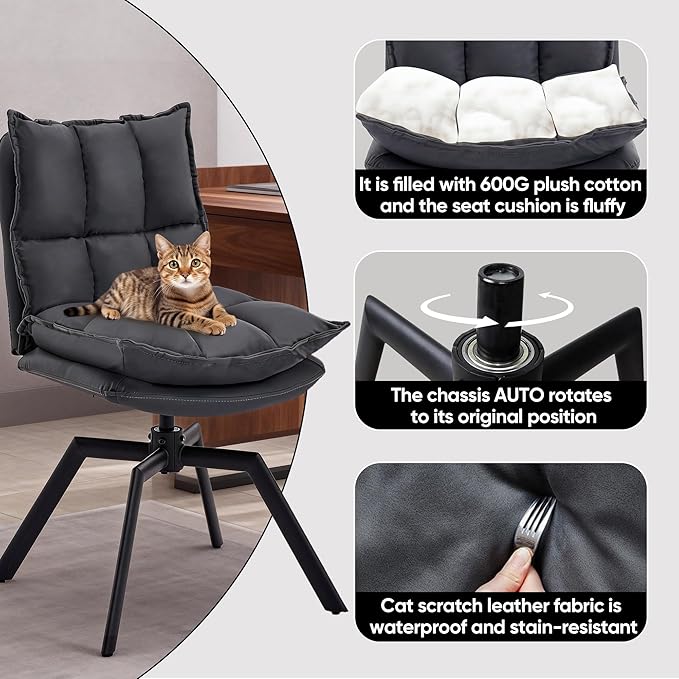 KEEZY Modern Accent Chair Set of 2 Cat-Scratch Leather Vanity Chair with 360° Auto Return Swivel High Density Padding &amp Metal Legs Ideal for BedroomLiving Room andHome Office（Grey）