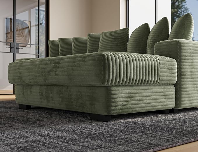 110 Modular Sectional Sofa L Shaped Couch with Chaise Lounge Fluffy Corduroy Cloud Couch with Deep Seat for Living Room (Green)