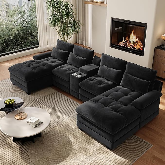 OUYESSIR 134 Oversized Black Sectional Couches for Living RoomFluffy Couch with Chaise Lounge&ampTufted Buttons U Shaped Living Room Sofa Set FurnitureChenille 6 Seater Couch with Storage Console