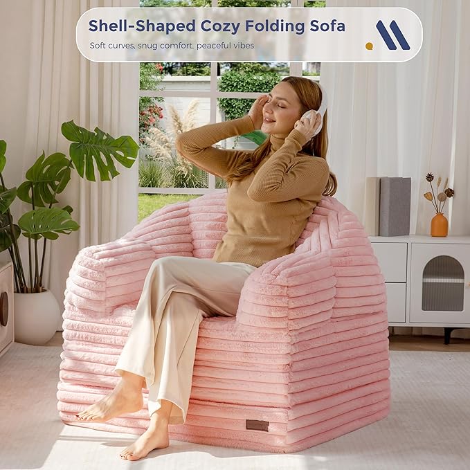 MAXYOYO Folding Sofa Bed 2 in 1 Convertible Sofa to Lounger Comfy Faux Fur Bean Bag Chair for Adults Floor Single Sleeper Couch Chair with Handle Couch Bed for Living Room Bedroom Pink