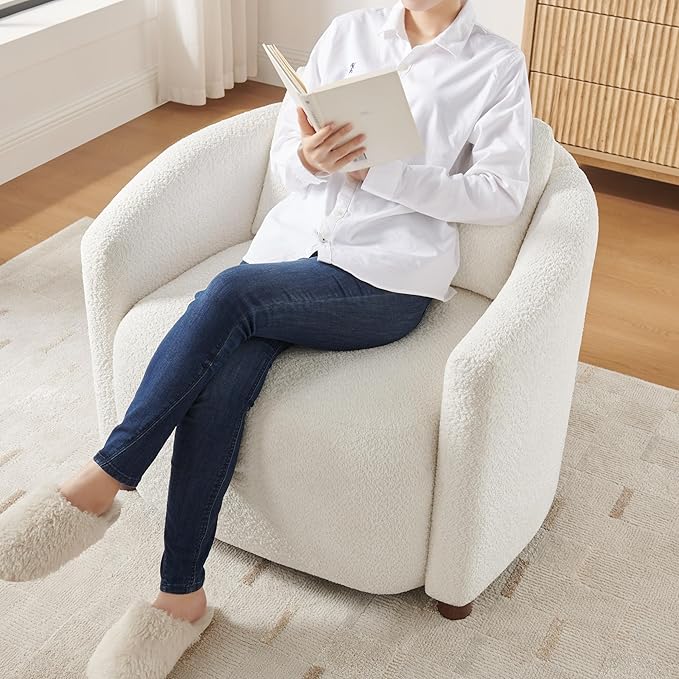 Boucle Accent Barrel Chair Set of 2 Cloud Reading Chair for Living Room &amp Bedroom Furry Sherpa Armchair with Cozy Soft Throw Pillow Back Comfy Upholstered Lounge Chair Modern Single Sofa Chair