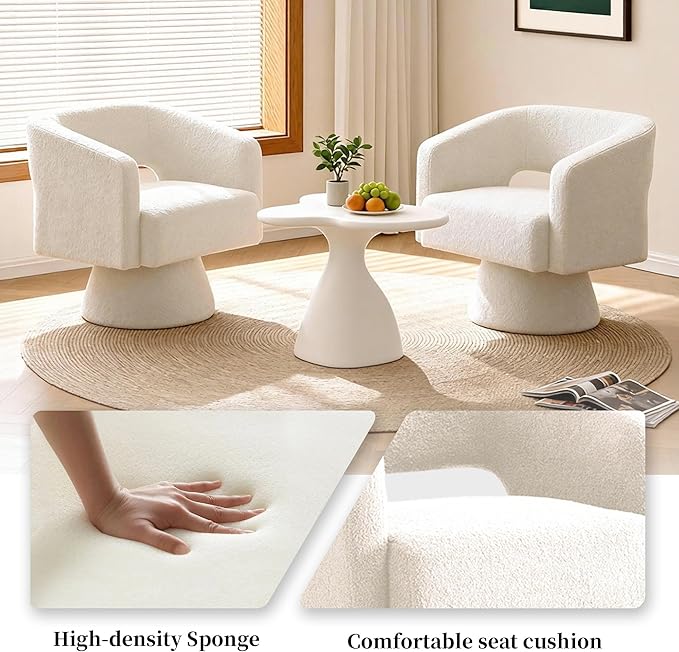 Accent Barrel Chair Set of 2 Modern Teddy Bear Velvet Club Chair 360° Swivel Degree Dressing Chair Suitable for Living Room Reading Room Bedrooms Office White
