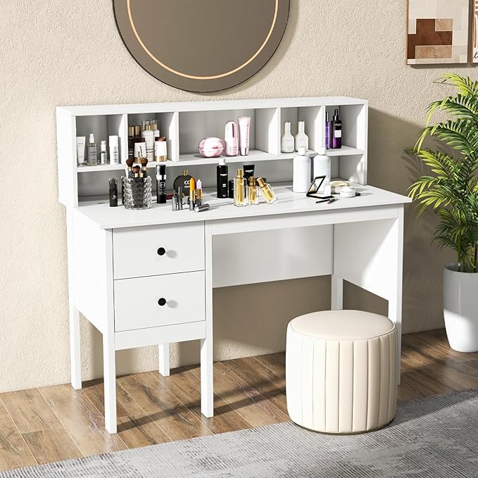 Desk with Hutch &amp Charging Station Home Office Desks with 5-Cubby Hutch 2 DrawersUSB Charging Ports &amp Power Outlets Student Desk Study Table (White)