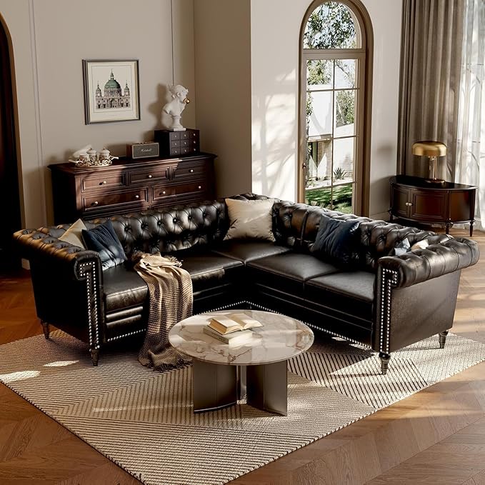 85 Chesterfield Sectional Sofa L Shaped Convertible Faux Leather Couch with Tufted Nailhead &amp Rolled Arms 5-Seater leather sectional couches for living room Apartment Office Classic Black