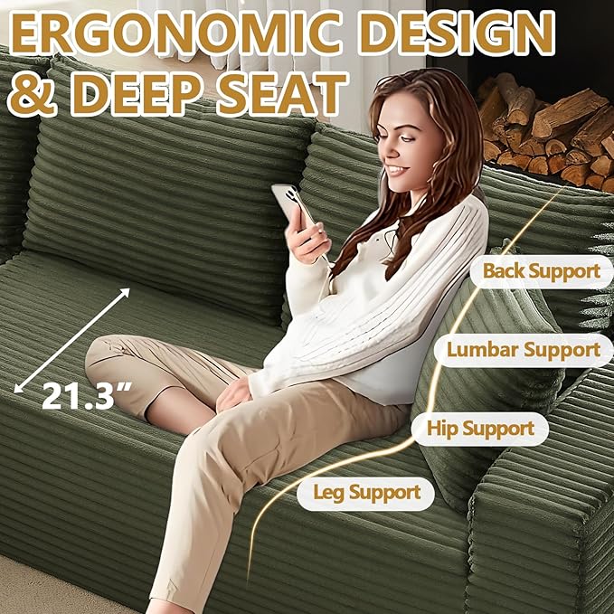 104 Cloud L Shape Couch with Chaise Modular Sectional Couches with Deep Seat Corduroy Sofas for Living Room Boneless Memory Foam Couch No Assembly (Saga Green Left Facing Chaise)