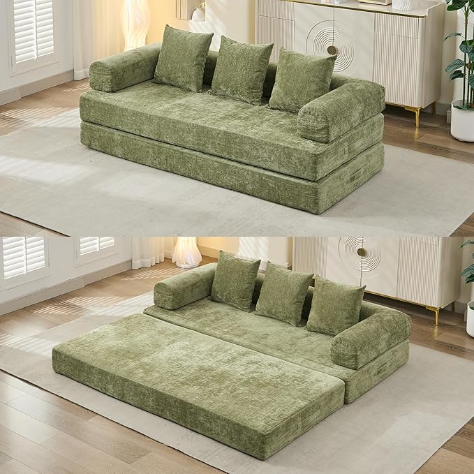 Convertible Sofa Bed 4-in-1 Floor Foldable Couch Bed with Armrests &amp Pillow Chenille Fabric No Assembly Required Comfy Memory Foam Couch Lounge Sofa for Living Room Green