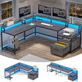 SEDETA L Shaped Desk 66 Home Office Desk with Wood File Drawer &amp Power Outlet Gaming Desk with Led Lights Corner Computer Desk with Monitor Shelf Printer Storage Shelves Two Person Desk Gre