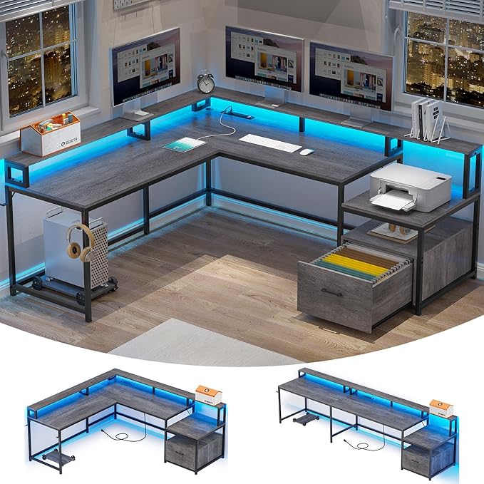 SEDETA L Shaped Desk 66 Home Office Desk with Wood File Drawer &amp Power Outlet Gaming Desk with Led Lights Corner Computer Desk with Monitor Shelf Printer Storage Shelves Two Person Desk Gre