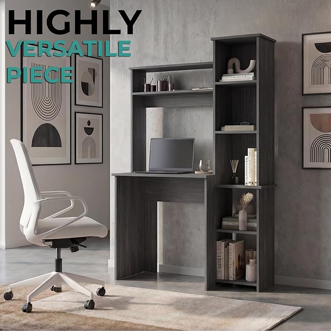Tuhome Versalles Writing Desk with Two Superior Shelves Five Side Open Storage Compartments Space-Saving Modern Workstation Design for Studios and Offices Ideal for Organization Books