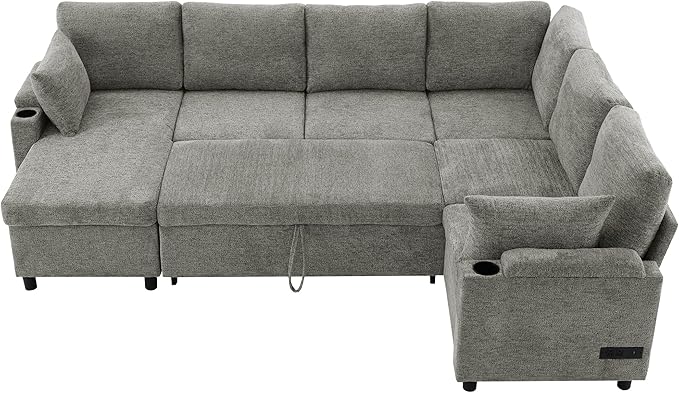 Sleeper Sofa with Pull Out Bed Oversized U Shaped 7 Seat Modular Sectional Couches for Living Room Sofa Bed with Storage Chaise Lounge USB Ports Cup Holders Chenille Cloud CouchLight Grey