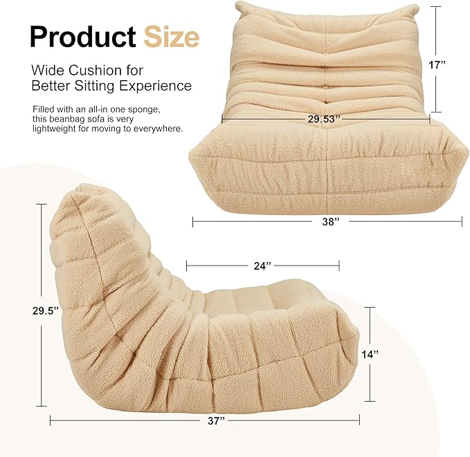 Bean Bag Chairs for Adults Giant Bean Bag Chair Memory Foam BeanBag Chair Bean Bag Sofa with Filler Faux Fur Fireside Beanbags Lazy Sofa for Living Room Bedroom Office (Khaki Teddy Single)