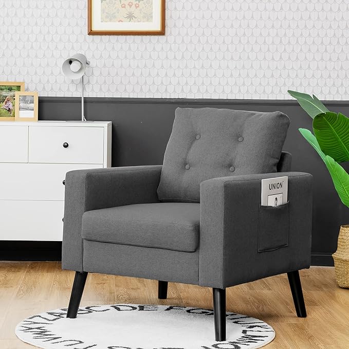 Giantex Modern Accent Chair Upholstered Living Room Chair Button Tufted Single Sofa Couch Bedroom Reading Guest Room Patented Linen Fabric Armchairs with Side Pockets and Wood Legs Gray