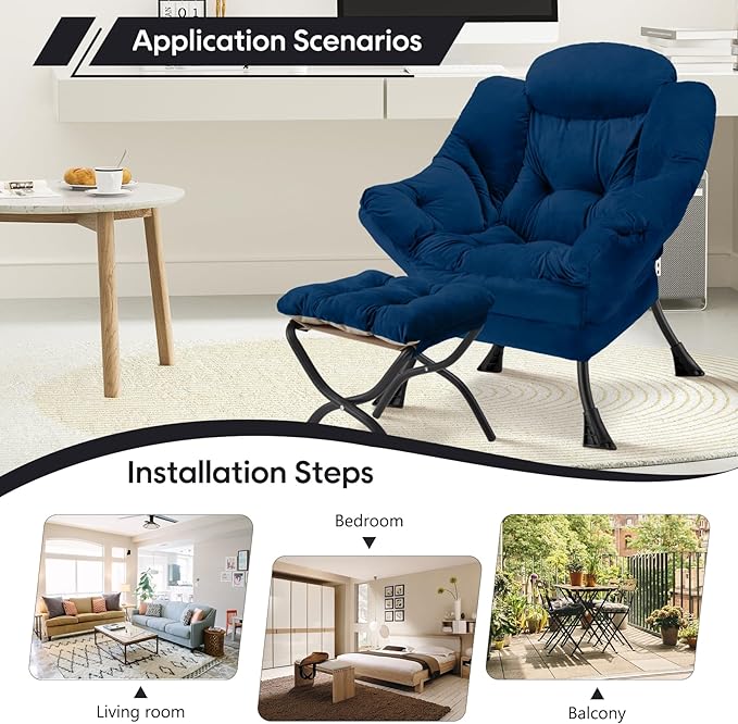 Lazy Chair with Folding Ottoman Modern Large Accent ChairContemporary Lounge Leisure Sofa Chair with Armrests Upholstered Sofa Armchair Reading Chair for BedroomDorm &amp Office(Navy-f)