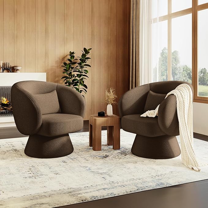 Swivel Accent Chair Modern Upholstered Barrel Chair with 360° Swivel Soft Teddy Fabric &amp Extra Lumbar Pillow Stylish Round Accent Chair for Living Room Bedroom Nursery – Brown1PC