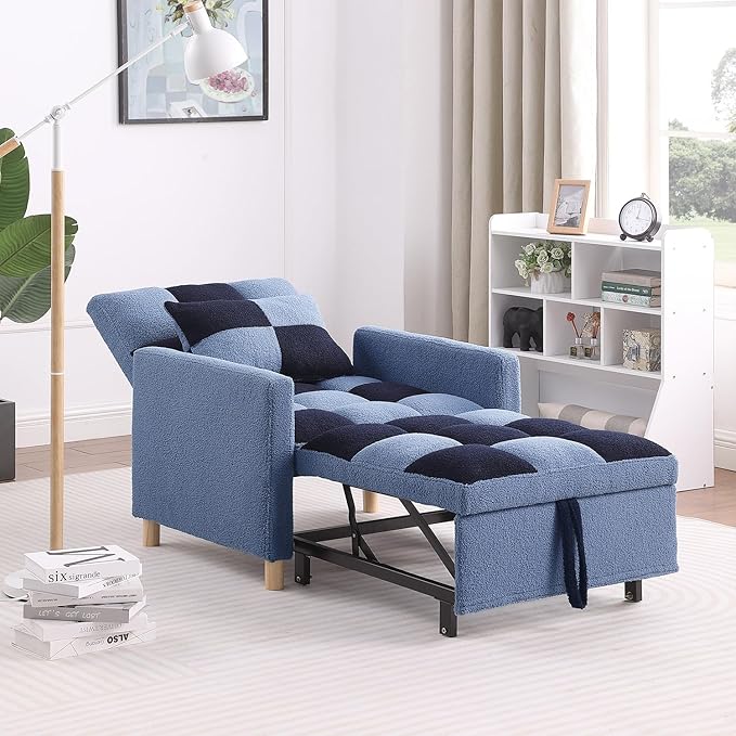 3-in-1 Convertible Chair Bed Teddy Fabric Multi-Functional Single Armchair Sofa Bed with Adjustable Backrest Pull Out Sleeper Chair