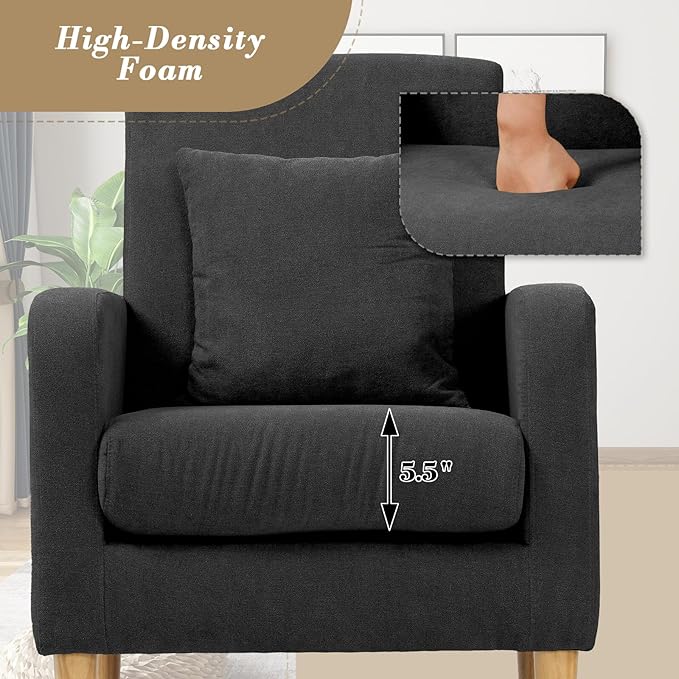 Athena Collection Modern Accent Chair with Cushion Comfy Upholstered Fabric Reading Chair for Adult Soft Sofa Armchair for Living Room Bedroom Dorm Black