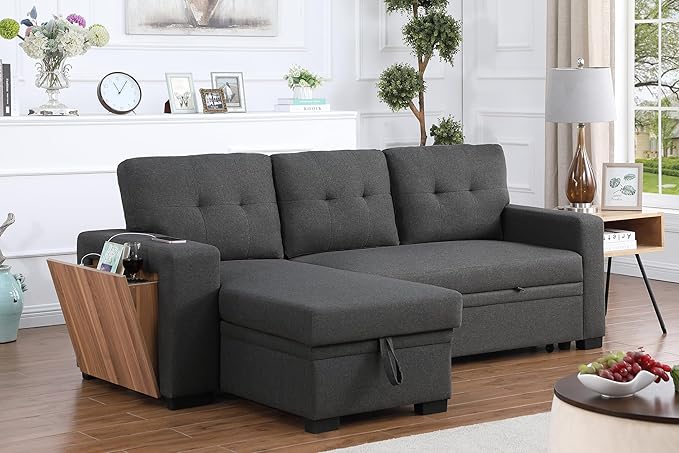Ball &amp Cast L-Shape Reversible Sectional Sleeper Sofa Bed 4 in 1 Pull Out Couch with Storage Chaise USB Ports &amp Cup Holder Convertible Sleeper Corner Couch Pull-Out Sofa Bed for Living Room Of