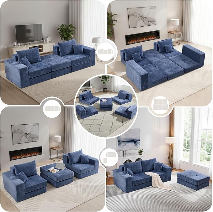 Boneless Sectional Loveseat Couch with Ottoman Convertible Tufted Button Modular Floor Sleeper Sofa Bed Comfy Foldable Compression Love Seat Sofa for Living Room No Assembly Blue