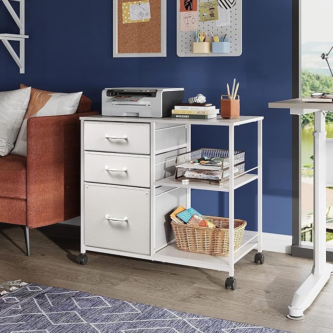 DEVAISE 3 Drawer Mobile File Cabinet Rolling Printer Stand with Open Storage Shelf Fabric Lateral Filing Cabinet fits A4 or Letter Size for Home Office White