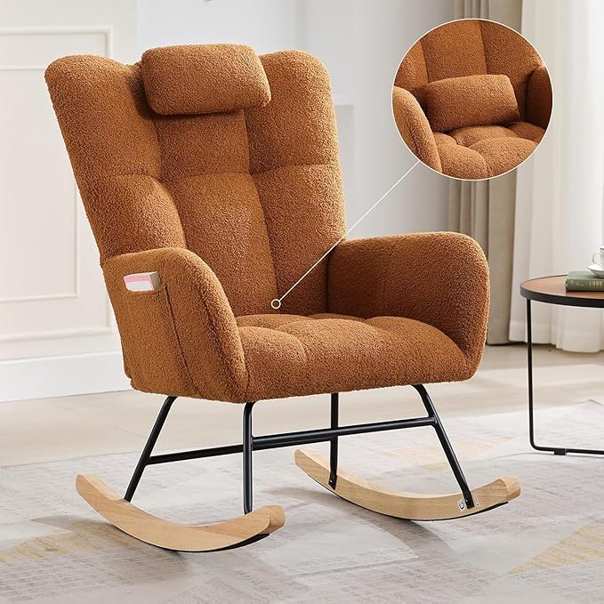 Nursery Rocking Chair Teddy Fabric Upholstered Glider Rocker with High Backrest Reading Chair Modern Rocking Accent Chairs Glider Recliner for Living Room Nursery Bedroom-Brown