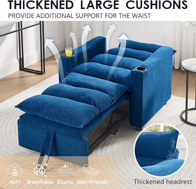 3 in1 Convertible Sleeper Sofa Chair Modern Pull Out Couch Bed Single Chair Bed with Adjustable Back Velvet Folding Compact Recliner for Living Room Bedroom Apartment Small Spaces (Blue)