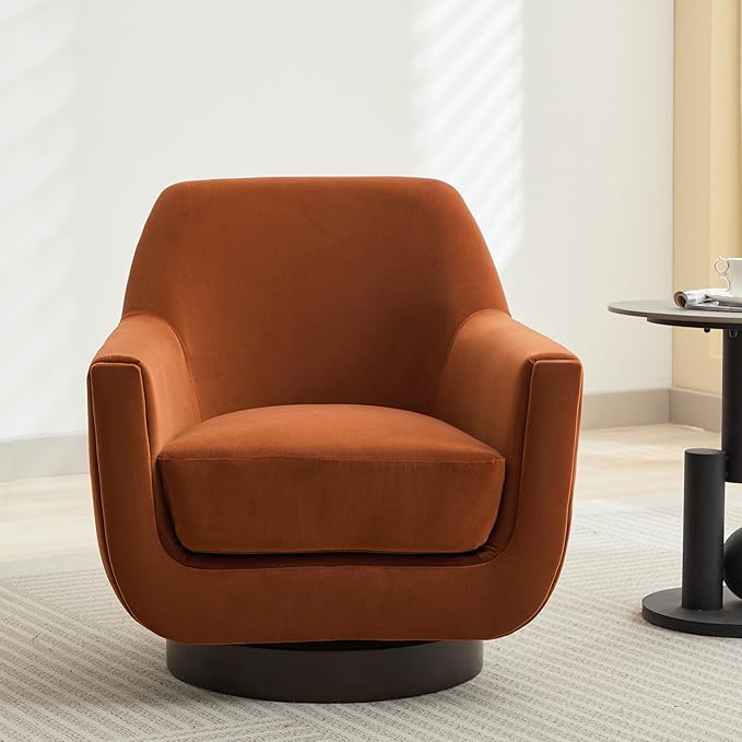 Swivel Chair Velvet Accent Chair Armchair Round Barrel Chair U-shaped Fully Assembled Chair for Living Room Bedroom (Burnt Orange)