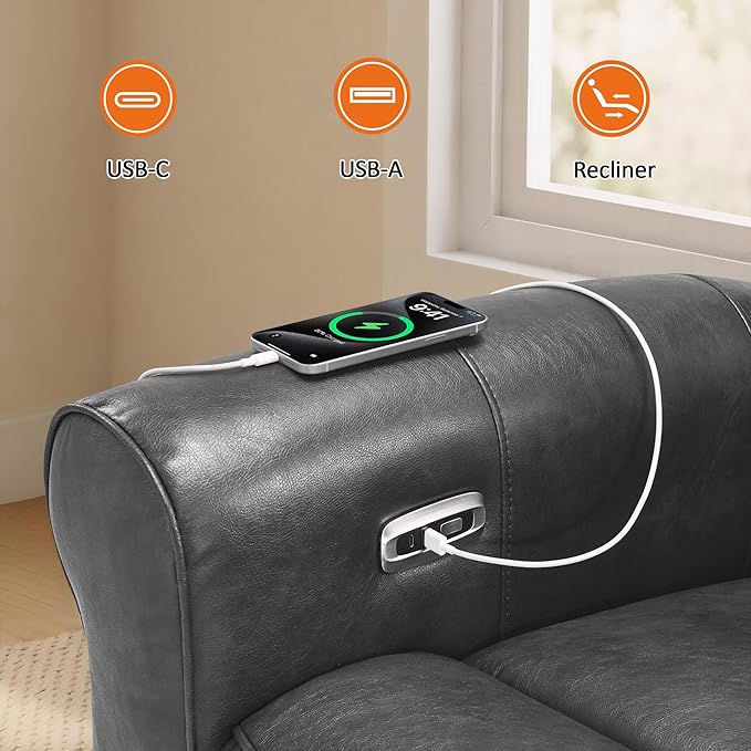 MCombo Power Wall Hugger Recliner Chair for Small Space RV Living Room USB &amp USB-C Charging Ports Modern Rolled Arm Recliner Faux Leather PR630 (Dark Grey Medium)