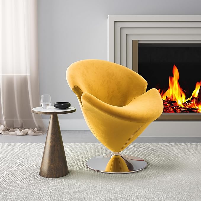 Manhattan Comfort Tulip Swivel Accent Chair Set of 2 with 360° Turn Modern Flower Inspired Design Soft Velvet Upholstery Polished Chrome Base No Assembly Required 300 Lbs Capacity Yellow
