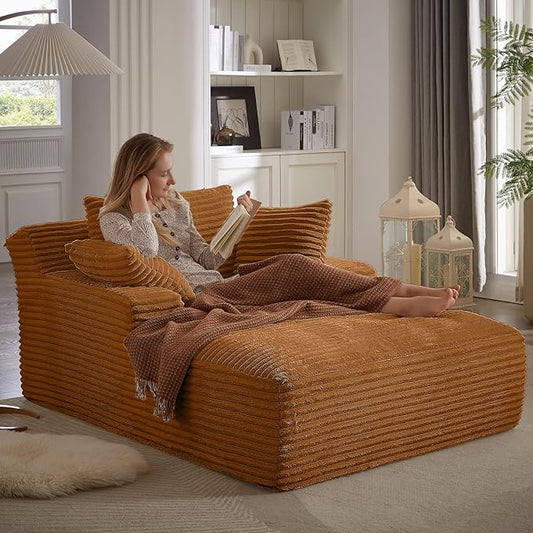 49.2 Oversized Chaise Lounge Chair Deep Seat Upholstered Cozy Cloud Couch Modern Corduroy Floor Sleeper Sofa Bed Reading Chair for Living Room Bedroom Apartment Office Indoor Orange
