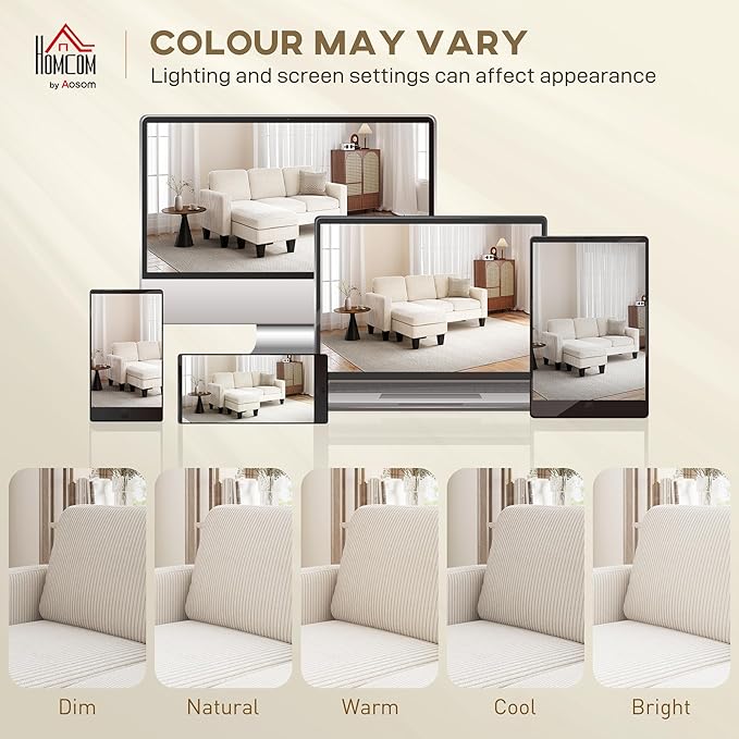HOMCOM 73 Sectional Sofa L Shaped Couch with Reversible Chaise or Ottoman Corduroy 3 Seat Sectional Couch for Living Room Bedroom Apartment 2200lb Capacity Cream White