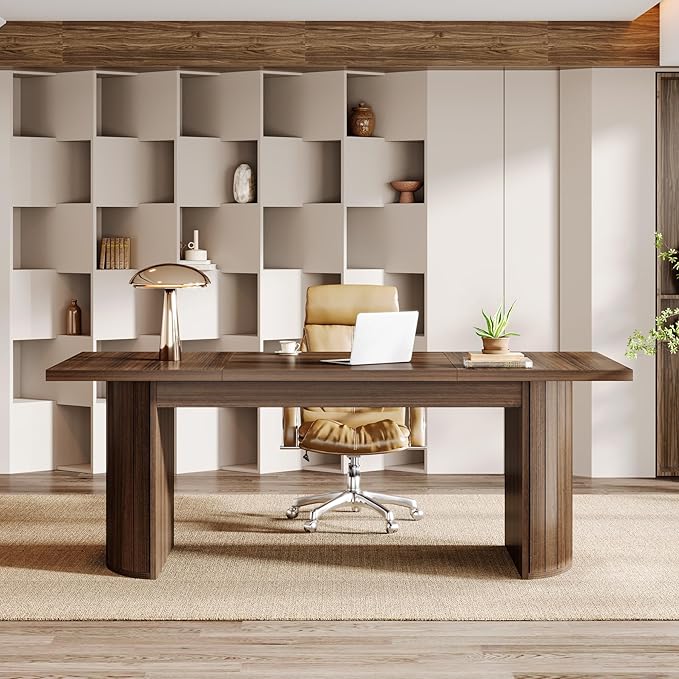 Tribesigns 78.74 Executive Desk Large Farmhouse Computer Office Desk with Double Pedestal Wooden Study Writing Table Workstation Conference Table for Home Office Walnut (Brown)