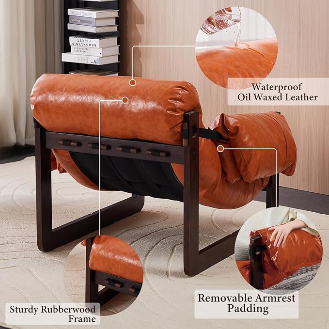 Furnilivng Modern Lounge Accent Chair Comfortable Oil Waxed Leather Arm Chair with Sturdy Wood Frame Upholstered Cozy Sofa Chair for Living Room Bedroom Dressing Room Home Office Retro Orange