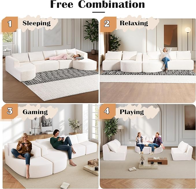 144 Sectional Couches for Living Room Comfy U-Shaped Cloud Couch with Chaise Lounge Modern Deep Seat Boneless Sofa No Assembly Required (Boucle White)