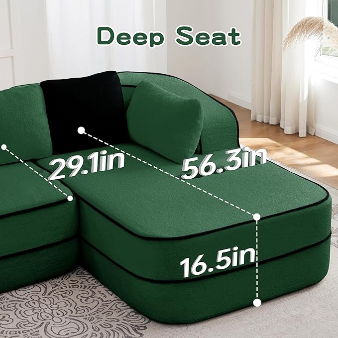 Double Chaise Lounge Chair Indoor Teddy Fabric Boneless Sofa Deep Recliner with 32D High-Resilience Foam Wide Arms for Home Theater ApartmentGreen