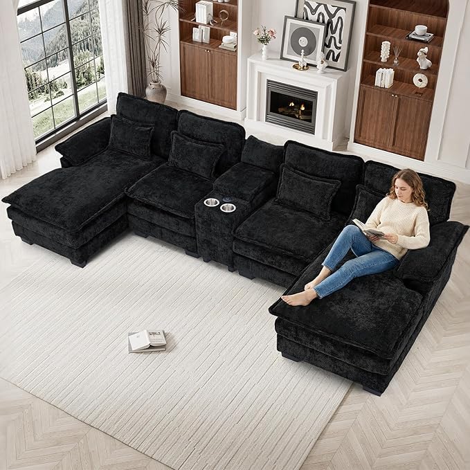 133 Oversized U Shaped Cloud Couch Modular Sectional Couches for Living Room Comfy Chenille Deep Seat Sofa Set with Double Chaise Lounge Storage Central Console Cup Holders USB Port Dark Black