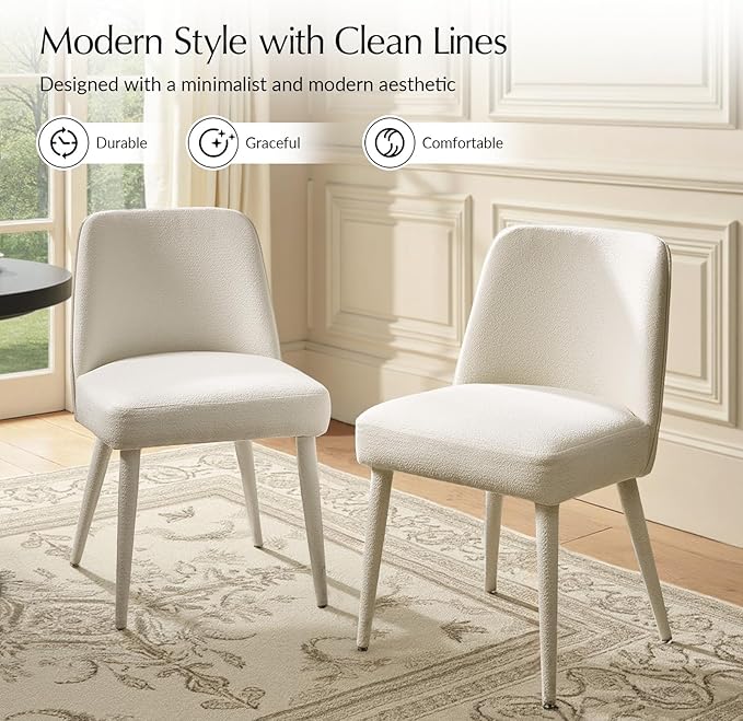 HULALA HOME Modern Dining Chairs Set of 2White Fully Chenille Upholstered Dining Room Chairs Set with Foot Peg Wood Frame Armless Kitchen Accent Chairs for Living Room Bedroom Reception - Ivory
