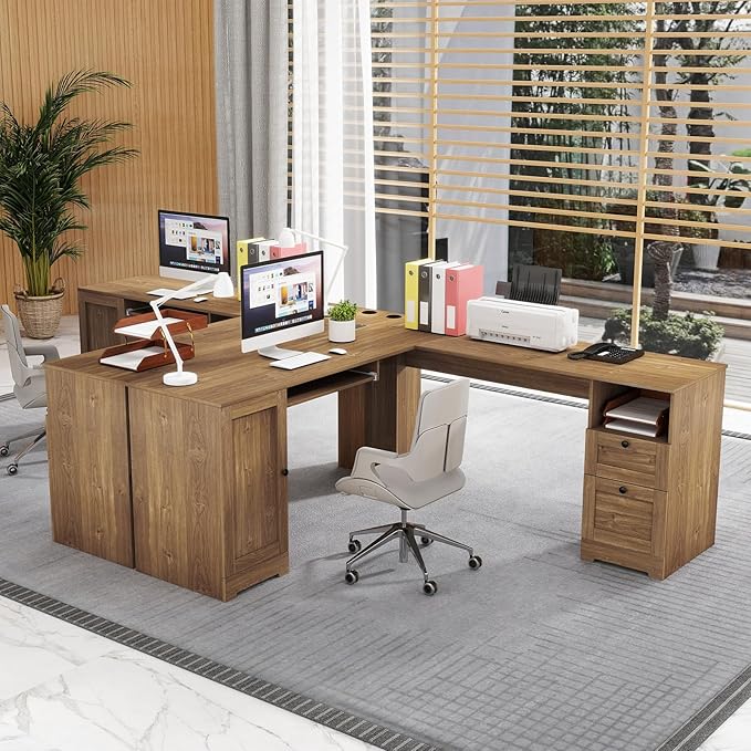 Tangkula 66” x 66” L-Shaped Office Desk with Power Outlets Modern Home Office Computer Desk with 2 Drawers Cabinet Adjustable Shelf &amp Keyboard Tray Corner Executive Desk for Working Writing
