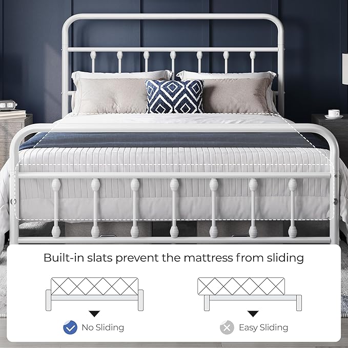 Yaheetech Classic Metal Platform Bed Frame Mattress Foundation with Victorian Style Iron-Art Headboard/Footboard/Under Bed Storage/No Box Spring Needed/Full Size White