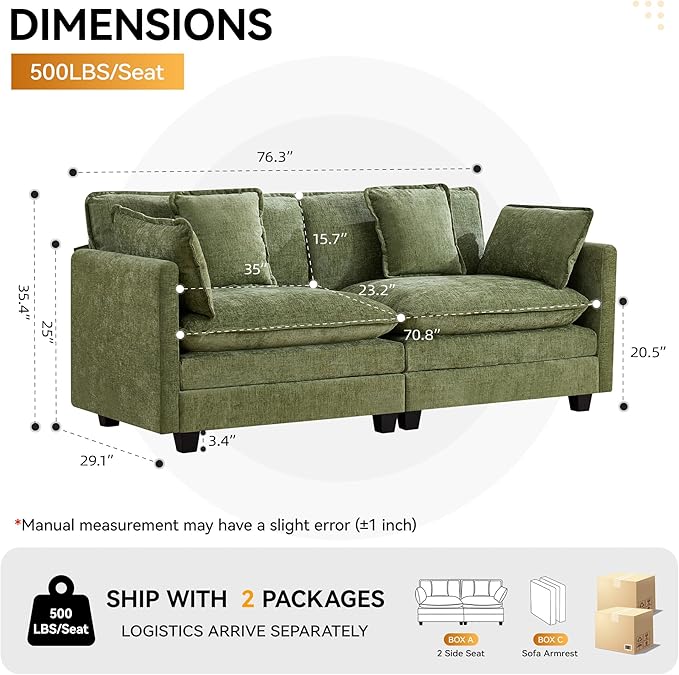 76'' Cloud Deep Seat Loveseat Upholstered Chenille Modular 2-Seats Sectional Sofa Couch Modern Comfy Settee Loveseat for Living Room Set Small Apartment Green