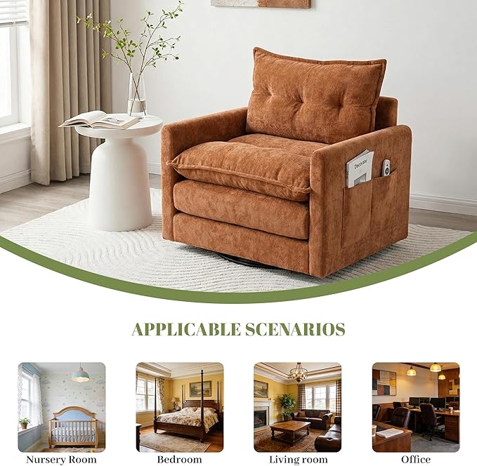 Square Swivel Chair360°Rotation Armchair for ReadingPlush Chenille Upholstered Accent Club Chair with ArmsModern Single Cloud Sofa Chair for Living Room Bedroom (1 OrangeBrown)