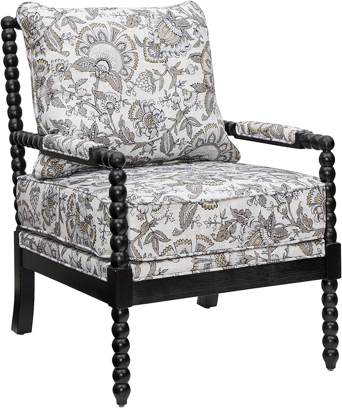 Roundhill Furniture Belvoir Upholstered Spool Accent Chair with Turned Wood Frame Floral with Black Finish