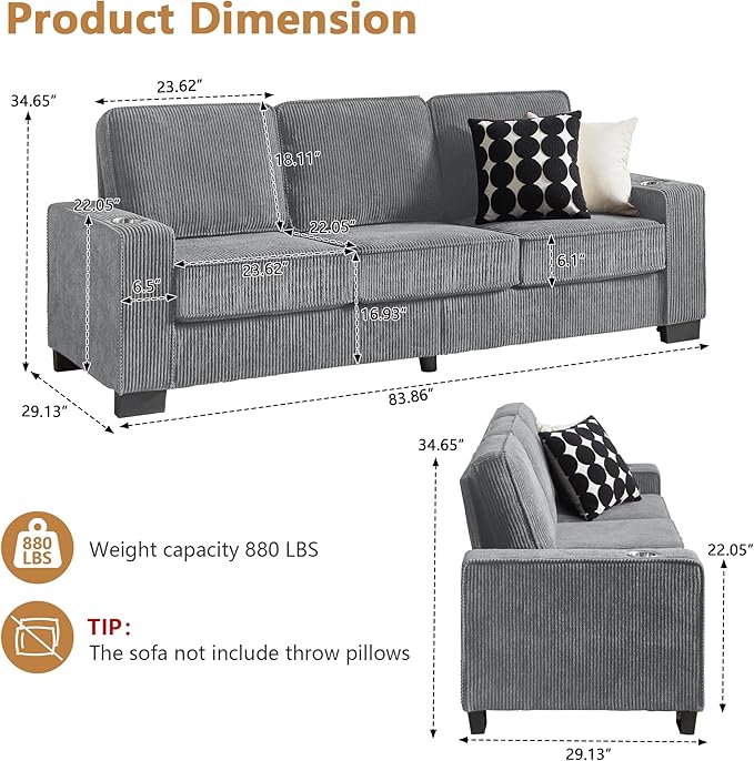 Aoowow 83.86” Modern 3-Seater Sofa Couch Upholstered Corduroy Fabric Couches Comfy Sofas with 2 Cup Holders for Living Room Apartment OfficeGrey-Corduroy