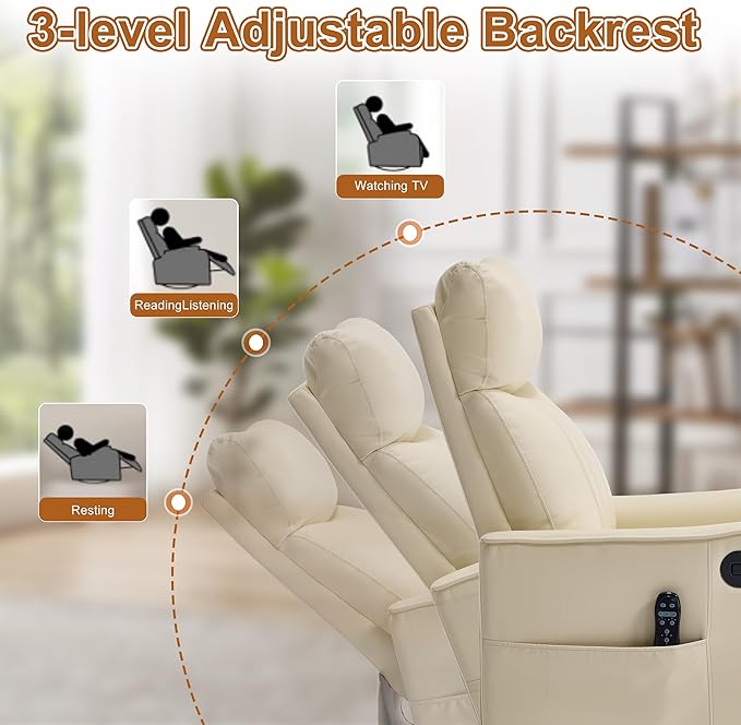 Manual Swivel Rocker Recliner Chair for Adults Overstuffed Glider Chair for Nursery with Massage and Heat Living Room Reclining Chair Faux Leather Light Yellow