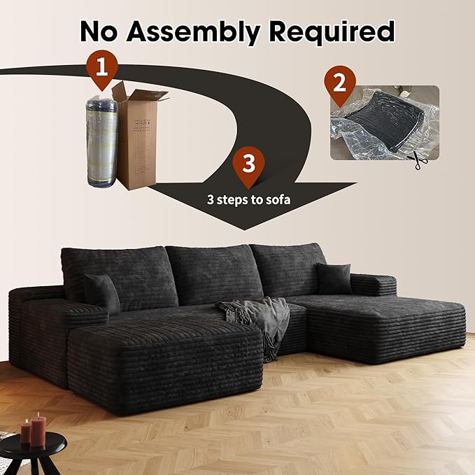 108 W Corduroy Sectional Boneless Cloud Couch with Chaise &amp Ottoman No Assembly Required U Shaped Modular Sectional Sofa Cozy Fluffy Sofa for Living Room (Black Right Facing Chaise+Ottoman) |