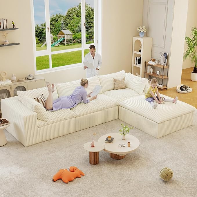 Modular Sectional Sofa Corduroy Plush L Shape Cloud Couch Modern Deep Seat Boneless Couches for Living Room Large Compression Sofas Luxury Fluffy Couchs Sectionals White