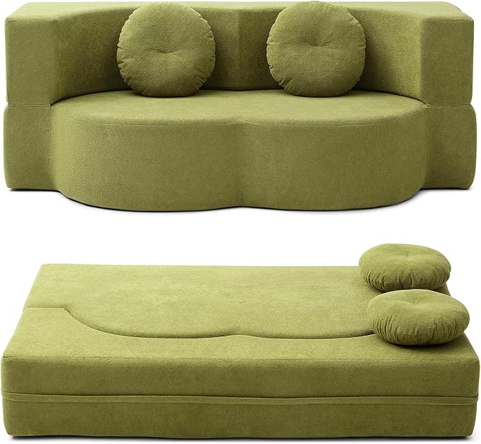 2-In-1 Futon Sofa Bed Foldable Couch with 2 Pillows Convertible Foldable Sofa Bed Folding Sofas Beds for Living Room Guest Room Apartment Office Lazy Sleeper Comfy No Assembly (Green)