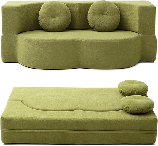 2-In-1 Futon Sofa Bed Foldable Couch with 2 Pillows Convertible Foldable Sofa Bed Folding Sofas Beds for Living Room Guest Room Apartment Office Lazy Sleeper Comfy No Assembly (Green)