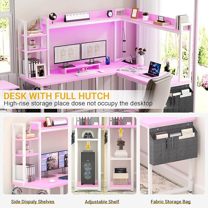 Aheaplus L Shaped Desk with Power Outlet L Shaped Gaming Desk with Led Light &amp Hutch Reversible Home Office Desk Corner Computer Desk with Monitor Stand &amp Storage Shelves Pink