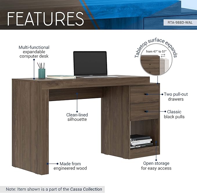 Expandable Desk with Storage Drawers &amp Open Shelf - Expands from 47 Inch to 57 Inch - Walnut Computer Desk with Printer Space - Modern Home Office Table with Drawers - Techni Mobili Blanco Collect
